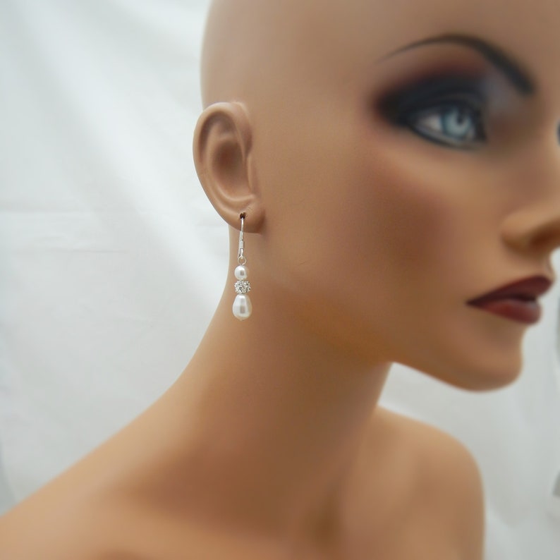 Sterling Silver Bridal Earrings, Pearl Drop Wedding Earrings, Teardrop Pearl and Rhinestone 0393 afbeelding 4