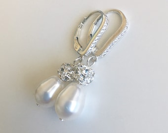 Sterling Silver Bridal Earrings with Cubic Zirconia Gems, Pearl Drop Wedding Earrings 0388