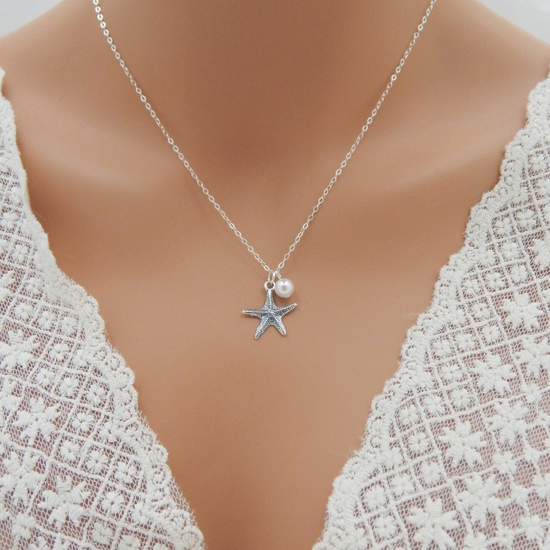 Silver Starfish and Pearl Necklace, Sterling Silver Beach Wedding Jewelry 0441 image 1