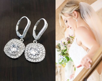 Sterling Silver Bridal Earrings, Cushion Cut Crystal Wedding Earrings 6009