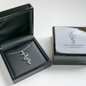 May include: A silver necklace with a caduceus pendant, inside a black velvet-lined box. The box is closed and has a black lid with the text "The Coffer Serpent - Fine Jewelry" engraved on it.
