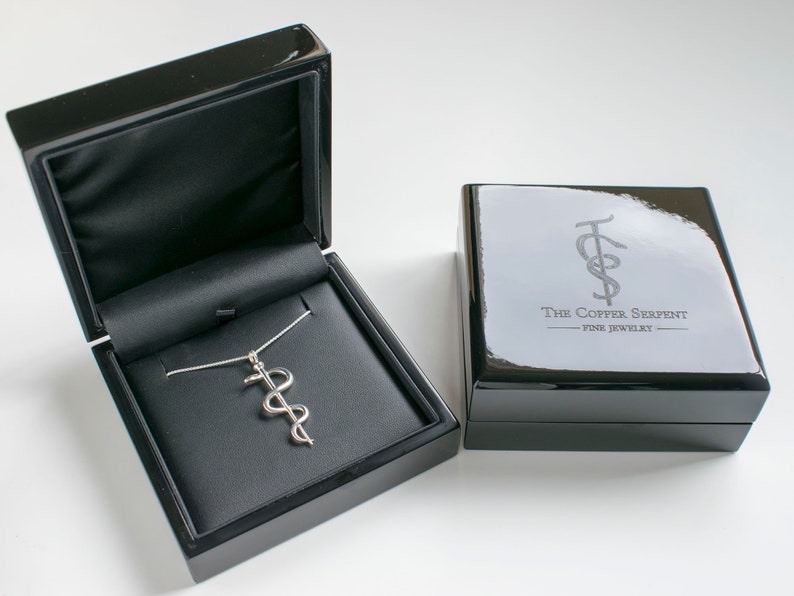 May include: A silver necklace with a caduceus pendant, inside a black velvet-lined box. The box is closed and has a black lid with the text "The Coffer Serpent - Fine Jewelry" engraved on it.