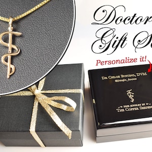 Gift for Medical Doctors - 14K Gold Rod of Asclepius Personalized Pendant Set
