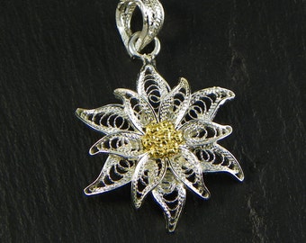 Edelweiss Pendant , Silver filigree made in Italy - big size