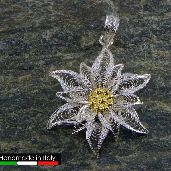 Edelweiss Pendant , Silver filigree - made in Italy - ExtraLarge