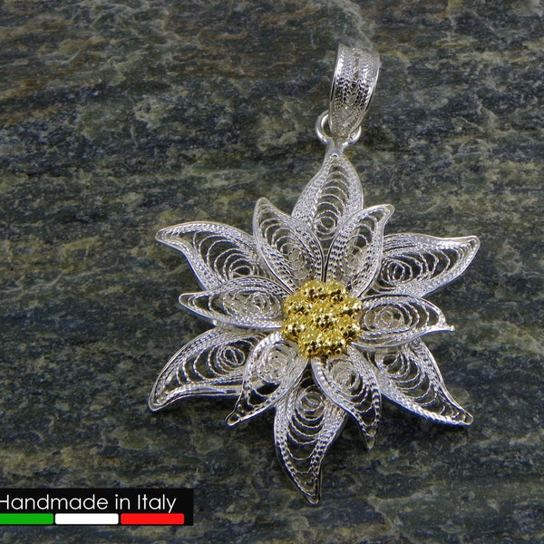 Colgante Edelweiss , filigrana de plata - hecho en Italia - ExtraLarge