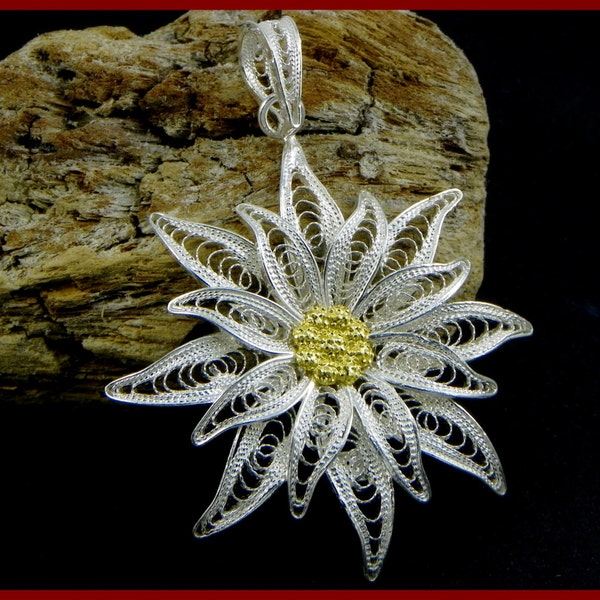 Edelweiss Pendant , Silver filigree - big size - made in Italy