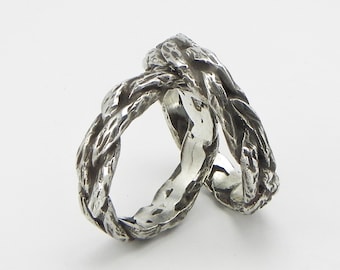 Bague fils tressés en argent massif 925/1000, bruni