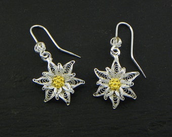 Pendientes Edelweiss, filigrana de plata - hecho en Italia