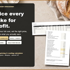 Könnte beinhalten: Eine digitale UK-Bäckerei-Tabelle zur Preis- und Kostenkalkulation mit schwarzer Benutzeroberfläche und weißem Text, inklusive Schaltflächen für Sofort-Download, Excel und Sheets, 10 Rezepte sowie einer sichtbaren Preisliste und Teigstatistiken.