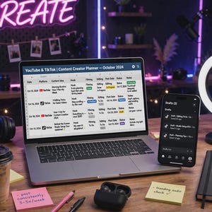 May include: A laptop displaying a YouTube and TikTok content creator planner for October 2024, positioned next to a smartphone showing a drafts list, a notebook with content ideas, a ring light, headphones, and various office supplies.
