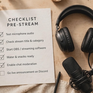 May include: A white paper checklist titled CHECKLIST PRE-STREAM with six items, five of which are checked. The list includes Test microphone audio, Check stream title & category, Start OBS, Water & snacks ready, Enable chat moderation, and Go live.