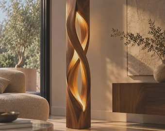 Skulpturale Stehlampe aus Holz, moderne LED-Beleuchtung in Walnussoptik, luxuriöse Wohndekoration