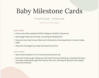 Biglietti per le tappe fondamentali del bambino stampabili / 28 biglietti fotografici mensili e per il primo anno / Accessorio fotografico boho neutro per neonati / PDF A4, biglietti A5