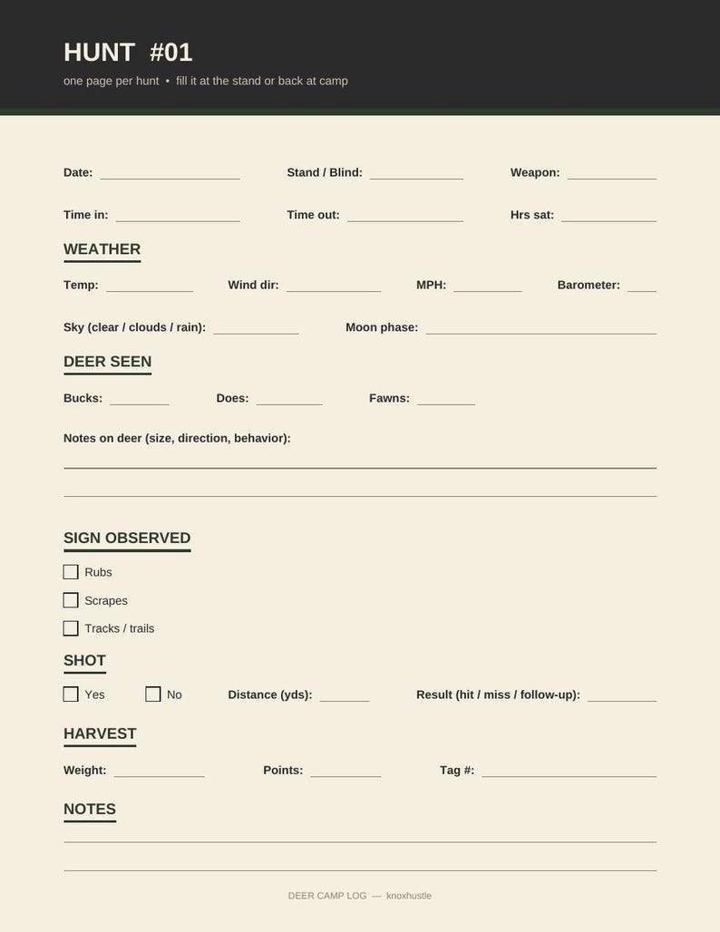 Hunting Log Book Printable Deer Camp Hunt Journal, 40 Page Logbook for Hunters, Deer Season Gift for Men image 2