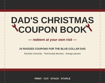 Funny Coupon Book for Dad Christmas Stocking Stuffer, Blue Collar Dad Gift, 24 Printable Coupons for Husband