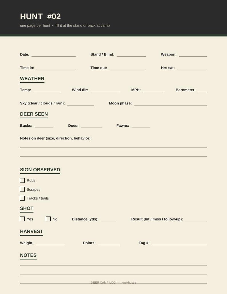Hunting Log Book Printable Deer Camp Hunt Journal, 40 Page Logbook for Hunters, Deer Season Gift for Men image 3