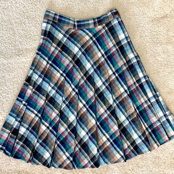 Teal and Purple Size 28 Waist Vtg 80/'s Does 50/'s Wool Plaid Skirt
