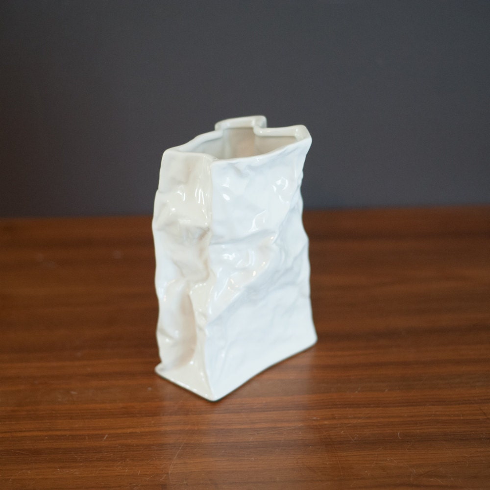 White ceramic paper bag vase cool unusual paper bag vase Etsy