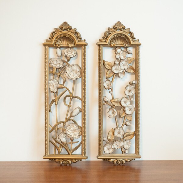 Pair of Hollywood Regency wall hangings, Dart gold and cream floral wall plaques, vintage set of two