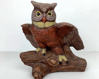 Vintage Owl Statue Boho Decor 70s Bird Ceramic Figurine Brown Handpainted Kitsch