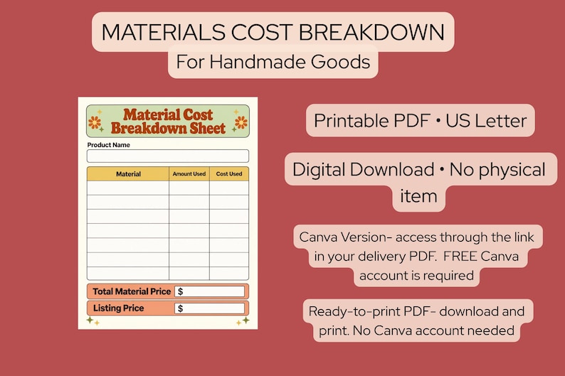 Price Pack Layout Handmade Product Pricing Calculator | Craft Material Cost Sheet | Small ...