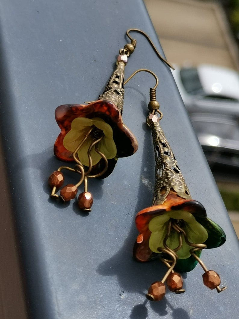 Multi-Color Flower Earrings Hand Painted Flower Earrings Summer Earrings Boho Dangle Earrings Vintage Style Flower Earrings