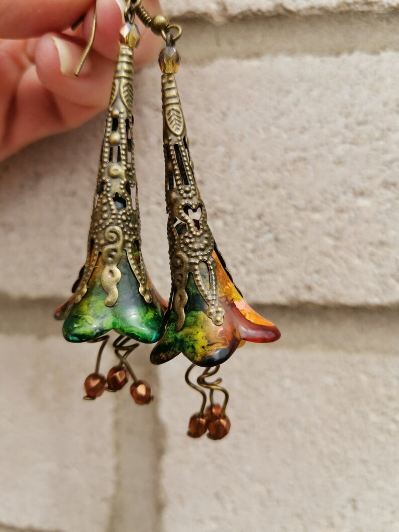 Multi-Color Flower Earrings Hand Painted Flower Earrings Summer Earrings Boho Dangle Earrings Vintage Style Flower Earrings