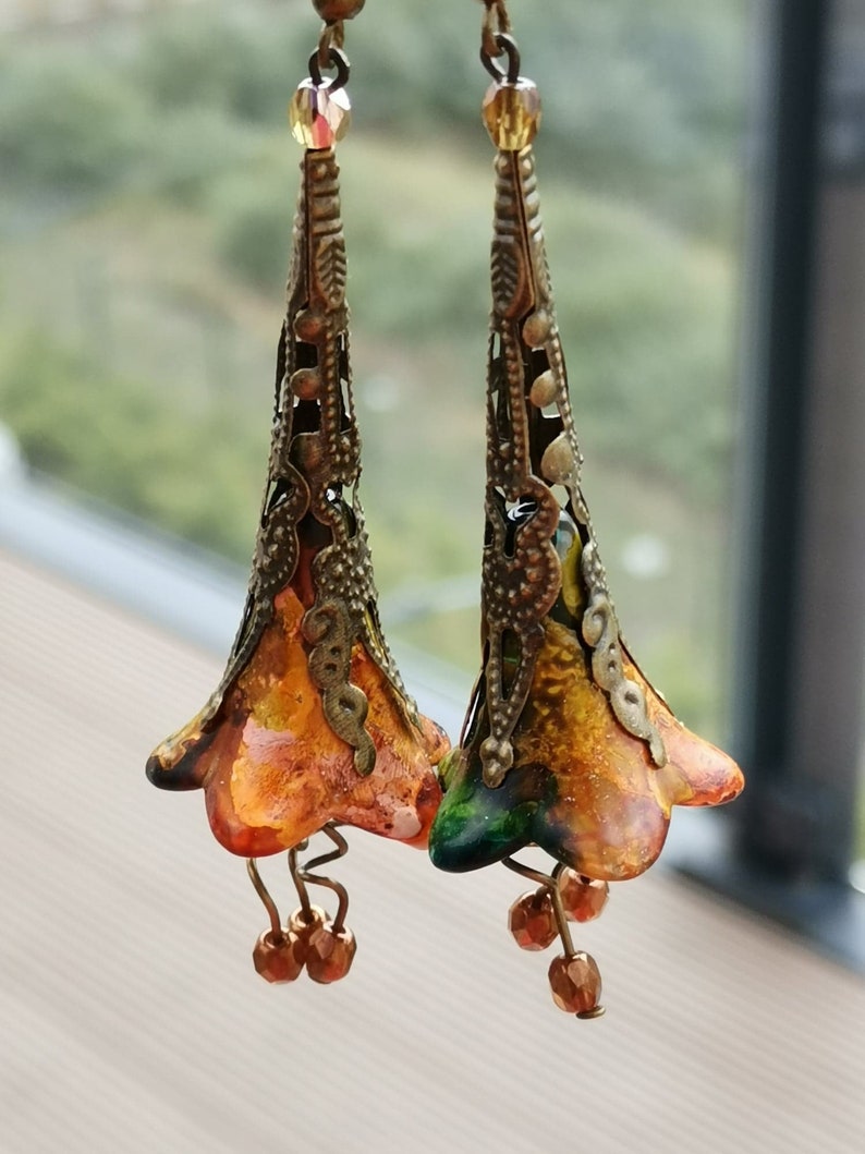 Multi-Color Flower Earrings Hand Painted Flower Earrings Summer Earrings Boho Dangle Earrings Vintage Style Flower Earrings