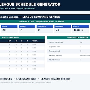 May include: A digital sports league schedule generator Excel template featuring a league command center dashboard. The interface displays baseball league statistics, live standings for eight teams, and generator health metrics in blue, teal, and white.
