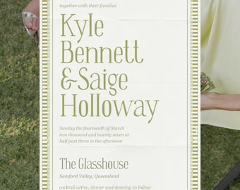 May include: A rectangular wedding invitation card with a white background and olive green text. The text reads: together with their families, Kyle Bennett & Saige Holloway, Sunday the fourteenth of March two thousand and twenty seven at half past three in the afternoon, The Glasshouse, Samford Valley, Queensland, cocktail attire, dinner and dancing to follow.