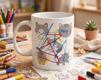 Taza divertida con diseño de mamá gata, estilo artístico infantil, taza de café de cerámica de 325 ml (también disponible en 444 ml).