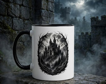 Taza con espada de castillo gótico, taza de café de estilo Dark Academia, regalo para amantes de la fantasía.