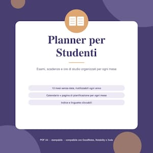 Può includere: Un planner digitale per studenti su sfondo viola scuro con cerchi color cuoio. Il pannello centrale bianco riporta il testo Planner Mensile, Planner per Studenti ed elenca caratteristiche come 12 mesi, calendario e schede cliccabili.