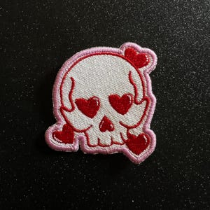Skull with Hearts Embroidered Patch or Sticker Patch - embroidery, embroidered sticker, patches, iron on, sew on, sticker