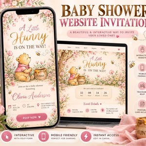 May include: A digital baby shower website invitation displayed on a smartphone and laptop screen. The design features a yellow bear, a honey pot, and pink flowers with the text A Little Hunny Is On The Way and Olivia Anderson.
