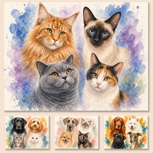 Custom Four Pet Portrait from Photo, Personalised Dog and Cat Watercolour Painting, Colourful Pet Family Wall Art, Multi Pet Keepsake Print