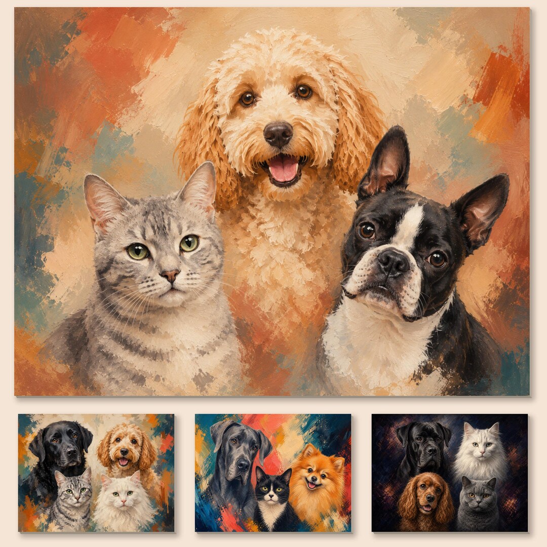 Custom 3 Pet Portrait From Photo, Personalised Dog and Cat Oil Painting ...