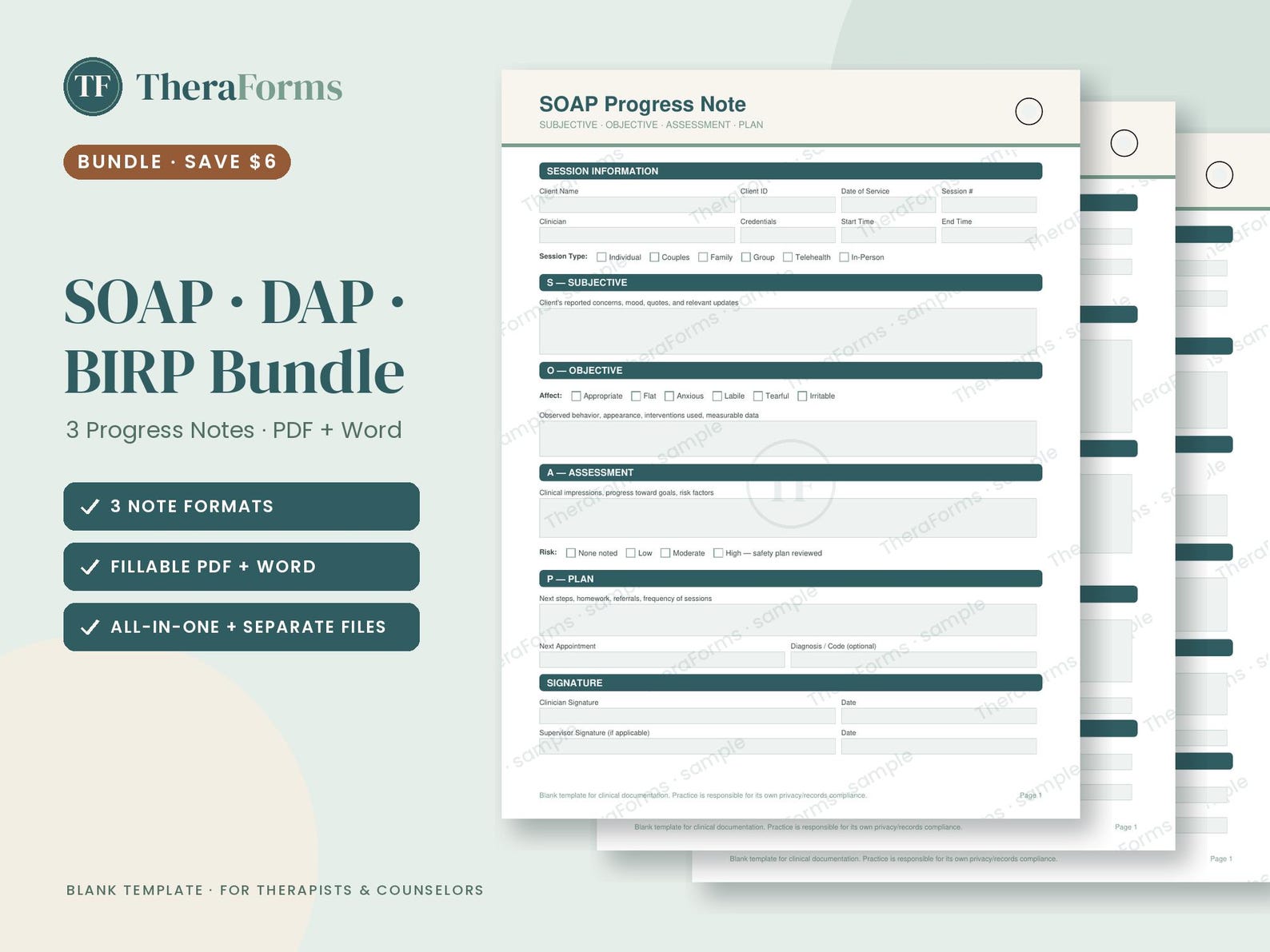 BIRP Notes, DAP Notes and SOAP Note Template Bundle | 3 Progress Notes ...