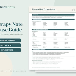 Therapy Note Phrase Guide | Intervention Words & Progress Note Phrases | Counselor Documentation Cheat Sheet | PDF and Word