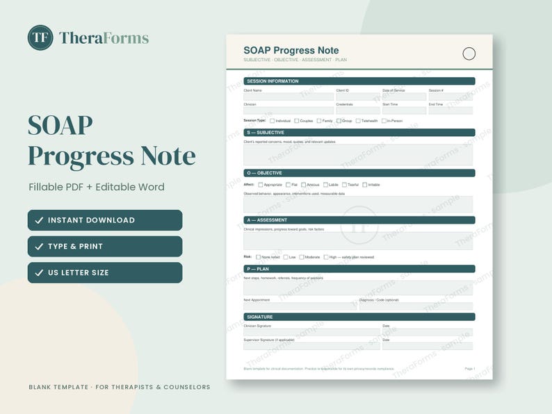 SOAP Note Template | Therapy Progress Notes | Fillable PDF & Editable ...