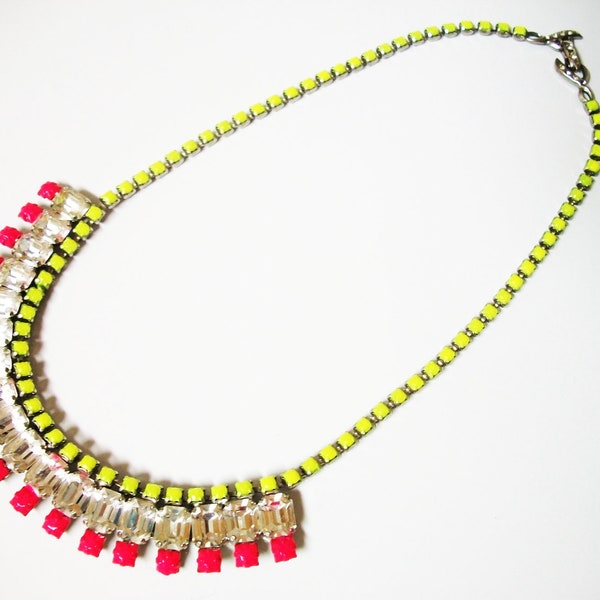 Vintage 1950s One Of a Kind Hand Painted Neon Pink & Neon Yellow Rhinestone Necklace- Extender Available
