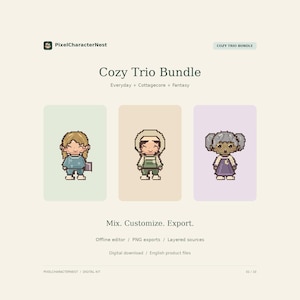 Pack de personajes pixel art: Everyday, Cottagecore y Fantasy con editor offline
