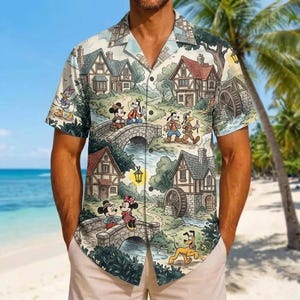 Mickey-und-Freunde-Hawaiihemd, Cottagecore-Urlaubshemd, niedliches Cartoon-Strandhemd, Sommer-Freizeitpark-Outfit