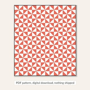 May include: A square quilt pattern featuring a repeating geometric design of alternating coral-colored and white triangles arranged in a grid. The text below the image reads: PDF pattern, digital download, nothing shipped.