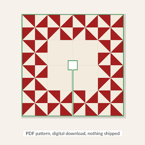 Op de afbeelding: Een vierkant quiltpatroon met een rand van rode en crèmekleurige driehoeken rondom een effen crèmekleurig midden met een centrale vierkante uitsparing en een verticale gleuf. De tekst onderaan luidt: PDF pattern, digital download, nothing shipped.
