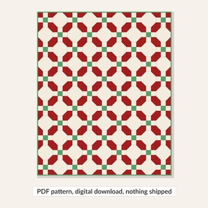 May include: A quilt pattern featuring a repeating geometric design of cream-colored octagons, deep red diamond-shaped accents, and small green square connectors. The layout is organized in a grid, and the text below reads: PDF pattern, digital download, nothing shipped.