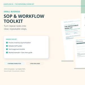 May include: A digital toolkit titled Leadflow AI The Repeatable Work Kit for small businesses. It includes four editable Word files and five PDFs featuring SOP and workflow templates, process inventory, and step-by-step method logs.