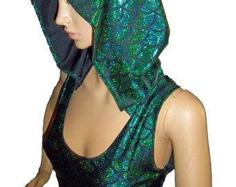 Hooded Mermaid Tank Crop Top, Festival Clothes, Hooded Tank Back Crop Top, Sexy Mermaid Top, Shiny Tops, Mermaid Rave Top