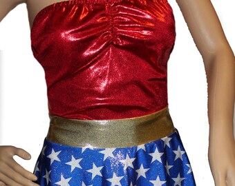 Woman Super Hero Costume, Tube Top and Skirt, Blue with White Stars with White Costume